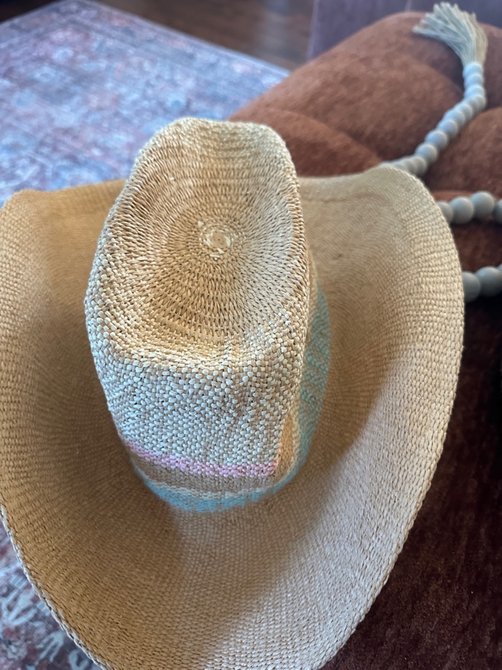 Universal Thread Woven Straw Cowboy Hat with Pink and Blue Accent - Picture 3 of 6